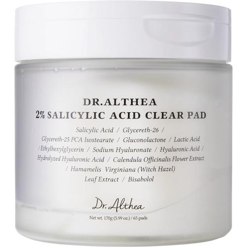 Dr. Althea 2% Salicylic Acid Clear Pad - dischete preimbibate formulate cu acid salicilic 2% si acid hialuronic, care contribuie la exfolierea delicata si la mentinerea pielii curate, fine si echilibrate - 65 buc