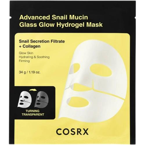 COSRX Advanced Snail Mucin Glass Glow Hydrogel Mask, 34 gr - masca de fata formulata cu filtrat de secretie de melc si niacinamida, care contribuie la stralucirea tenului si la mentinerea hidratarii pielii