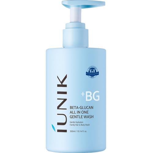IUNIK Beta Glucan All In One Gentle Wash, 300 ml - Gel de dus formulat cu acid hialuronic si beta-glucan, care contribuie la curatarea zilnica pentru fata, par si corp si la metinerea echilibrului natural al pielii