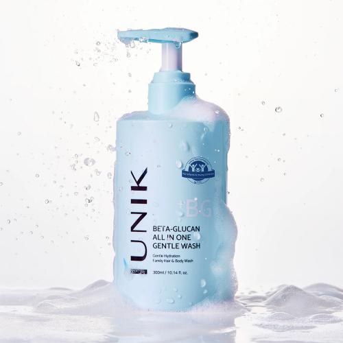 IUNIK Beta Glucan All In One Gentle Wash, 300 ml - Gel de dus formulat cu acid hialuronic si beta-glucan, care contribuie la curatarea zilnica pentru fata, par si corp si la metinerea echilibrului natural al pielii