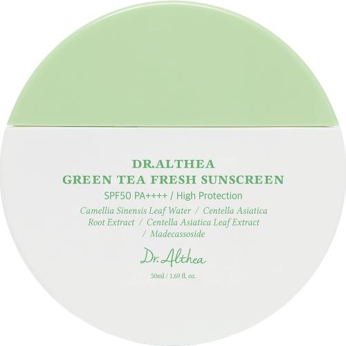Dr. Althea Green Tea Fresh Sunscreen SPF 50 50 ml - Crema de fata formulata cu apa din frunze de ceai verde si extract de Centella Asiatica, care contribuie la calmarea pielii sensibile si la metinerea protectiei impotriva razelor UVA si UVB