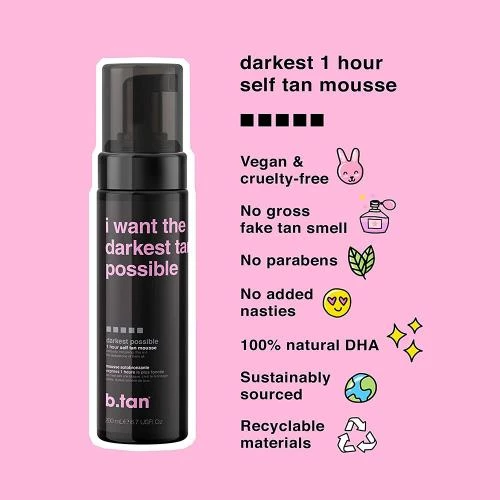 Spumă autobronzantă B.tan I Want the Darkest Tan Possible 200 ml – Bronz intens și uniform în doar o oră