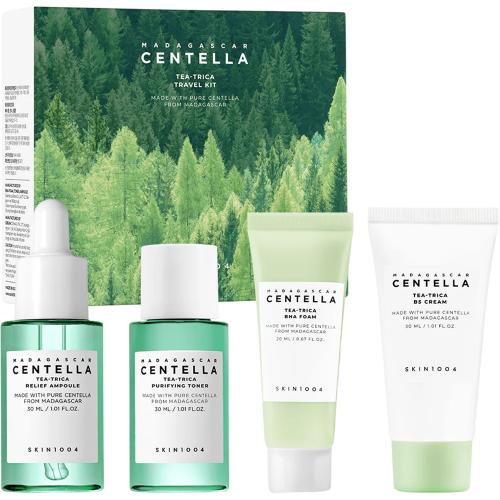 SKIN1004 Madagascar Centella Tea-Trica Travel Kit - Set formulat cu extract de arbore de ceai si Centella Asiatica, care contribuie la indepartarea excesului de sebum si a impuritatilor, la ingrijirea porilor si la calmarea pielii