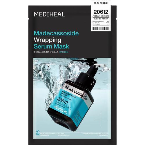 MEDIHEAL Madecassoside Wrapping Serum Mask Blemish Repair 25 ml - Masca de fata formulata cu madecassoside si niacinamida, care contribuie la calmarea pielii cu imperfectiuni, estomparea aspectului urmelor post-acnee si petelor pigmentare si la metinerea hidratarii