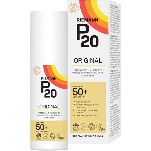 RIEMANN P20 Original SPF 50+ PA++++, 100 ml - spray formulat fara parfum si fara octocrilen, care contribuie la protectia UVA si UVB si la mentinerea rezistentei la apa si transpiratie, Outdoor