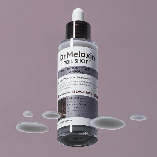 Dr. Melaxin Peel Shot Exfoliating Black Rice Ampoule - ser de fata formulat cu extract de orez negru si niacinamida, care contribuie la curatarea porilor si la reducerea aspectului punctelor negre si la metinerea confortului dupa exfoliere - 80 ml