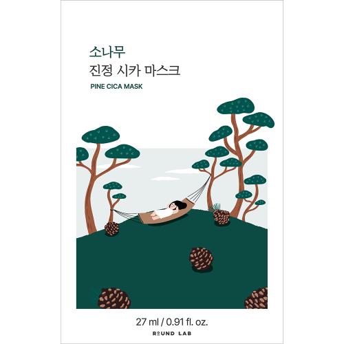ROUND LAB Pine Calming Cica Mask Sheet 27 ml - Masca de fata formulata cu extract din ace de pin rosu coreean si Centella Asiatica, care contribuie la calmarea pielii sensibile si iritate, reducerea aspectului rosetii si hidratarea intensa