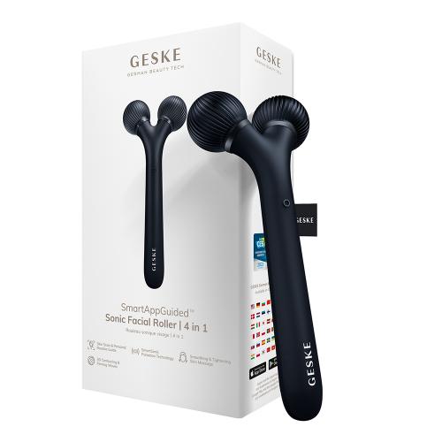 GESKE Sonic Facial Roller 4 in 1 - Aparat pentru masaj facial cu SmartSonic Pulsation Technology si 3D Contouring & Firming Waves, care contribuie la diminuarea cearcanelor si la tonifierea zonei din jurul ochilor - Black