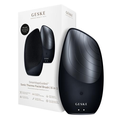 GESKE Sonic Thermo Facial Brush 6 in 1 - Aparat Sonic Pentru Curatarea Tenului cu silicon, pentru curatarea tenului si pregatirea pielii pentru o mai buna absorbtie a serurilor si cremelor - Black