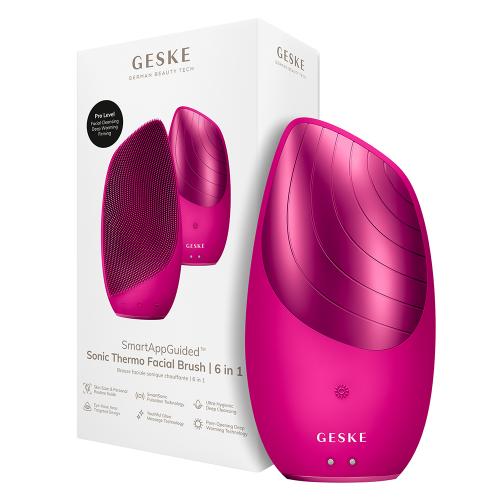 GESKE Sonic Thermo Facial Brush 6 in 1 - Aparat Sonic Pentru Curatarea Tenului cu silicon ultra moale, pentru curatarea impuritatilor si pregatirea pielii pentru absorbtia serurilor si cremelor - Magenta