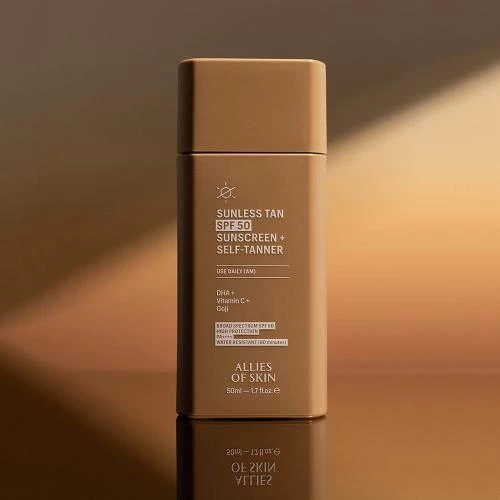 Allies of Skin Sunless Tan SPF 50 PA++++ – Cremă de față 3-în-1: autobronzant gradual, protecție solară ridicată și îngrijire avansată a pielii, 50 ml