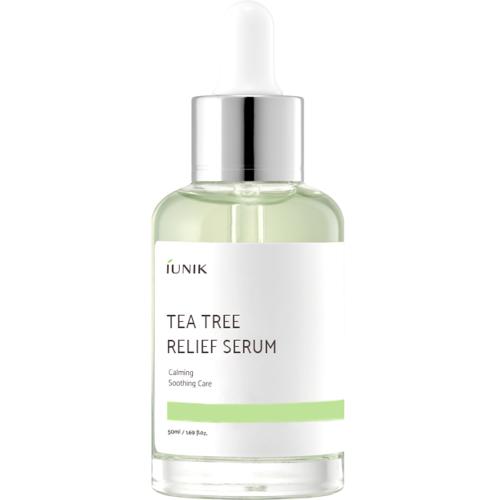 IUNIK Tea Tree Relief Serum - ser de fata formulat cu extract de apa din frunze de arbore de ceai si extract de Centella Asiatica, care contribuie la calmarea pielii sensibile si la mentinerea unui ton clar si curat al pielii - 50 ml
