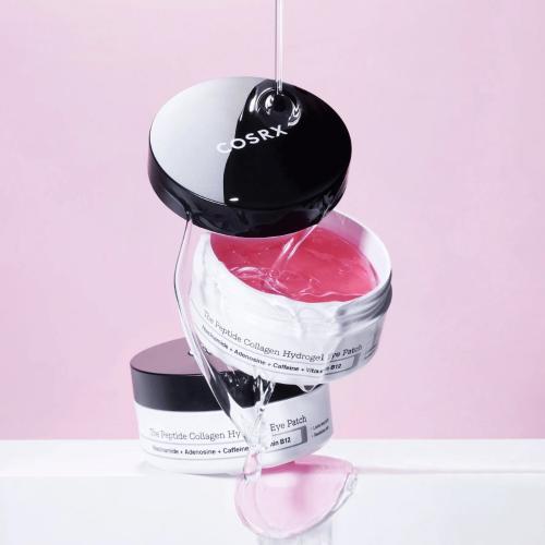 COSRX The Peptide Collagen Hydrogel Eye Patch - benzi pentru ochi formulate cu niacinamida si cafeina, care contribuie la hidratarea zonei ochilor si la mentinerea confortului pielii
