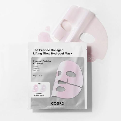 COSRX The Peptide Collagen Lifting Glow Hydrogel Mask, 34 gr - masca de fata formulata cu peptide si colagen, care contribuie la efect de lifting si stralucire pentru tenul lipsit de fermitate sau vitalitate