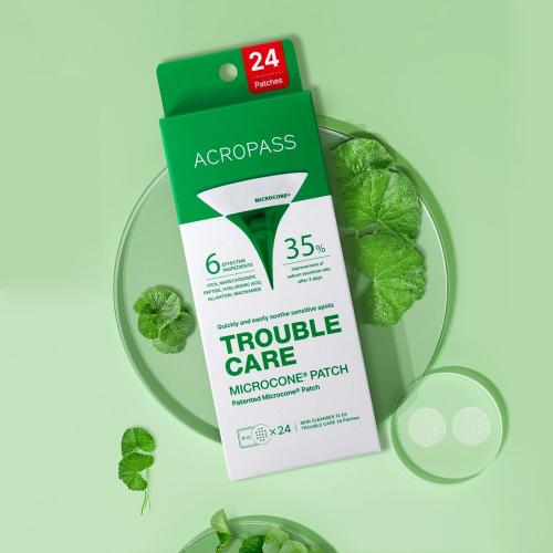 ACROPASS Trouble Care Microcone Patch - plasturi formulati cu Centella Asiatica si niacinamide, care contribuie la ingrijirea localizata a imperfectiunilor si la reglarea sebumului - 24 buc