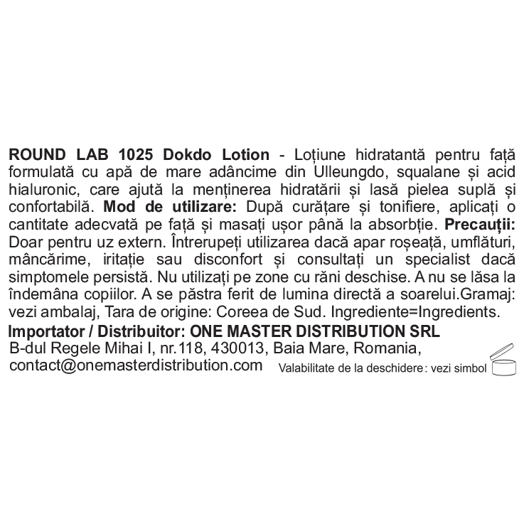 ROUND LAB 1025 Dokdo Lotion - lotiune de fata formulata cu apa de mare adanca si acid hialuronic, care contribuie la hidratarea pielii si la mentinerea confortului cutanat - 200 ml