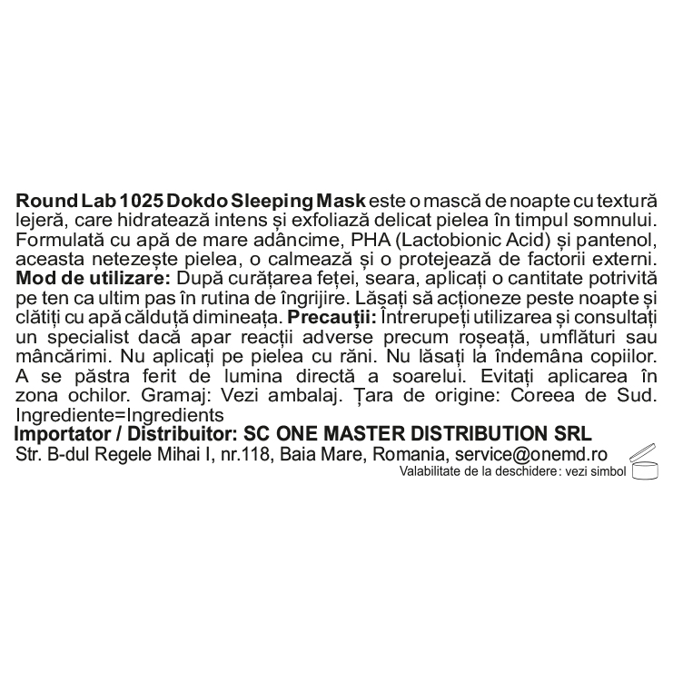 Round Lab 1025 Dokdo Masca de Noapte – Hidratare Intensa si Exfoliere Delicata cu PHA, Calmare si Regenerare, 100 ml