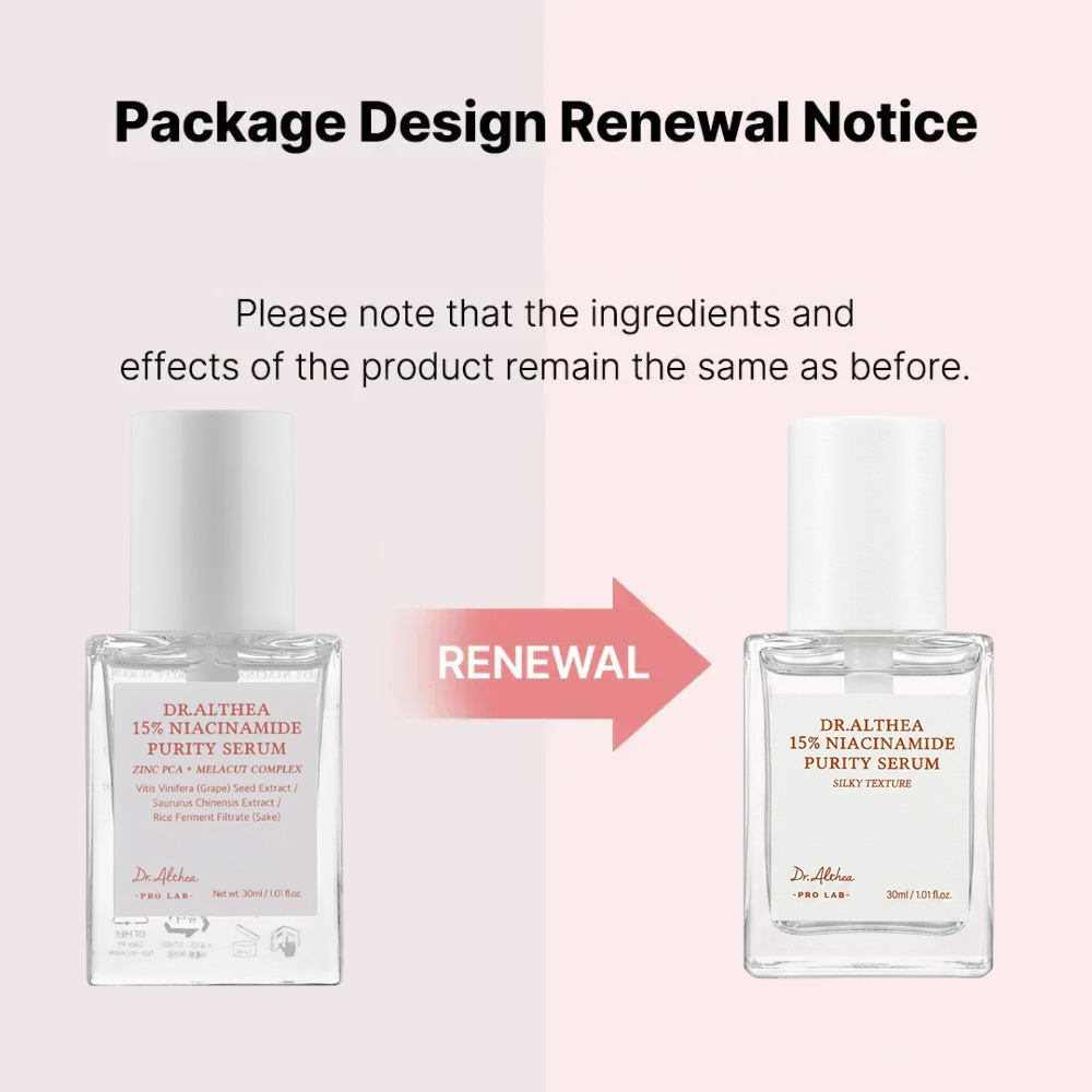 Dr. Althea 15% Niacinamide Purity - ser de fata formulat cu niacinamida 15% si Zinc PCA, care contribuie la imbunatatirea texturii pielii, reducerea petelor pigmentare si echilibrarea excesului de sebum - 30 ml