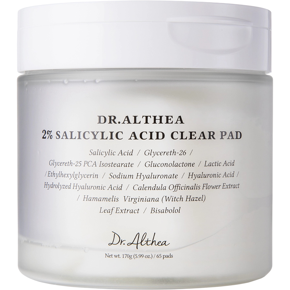 Dr. Althea 2% Salicylic Acid Clear Pad - dischete preimbibate formulate cu acid salicilic 2% si acid hialuronic, care contribuie la exfolierea delicata si la mentinerea pielii curate, fine si echilibrate - 65 buc