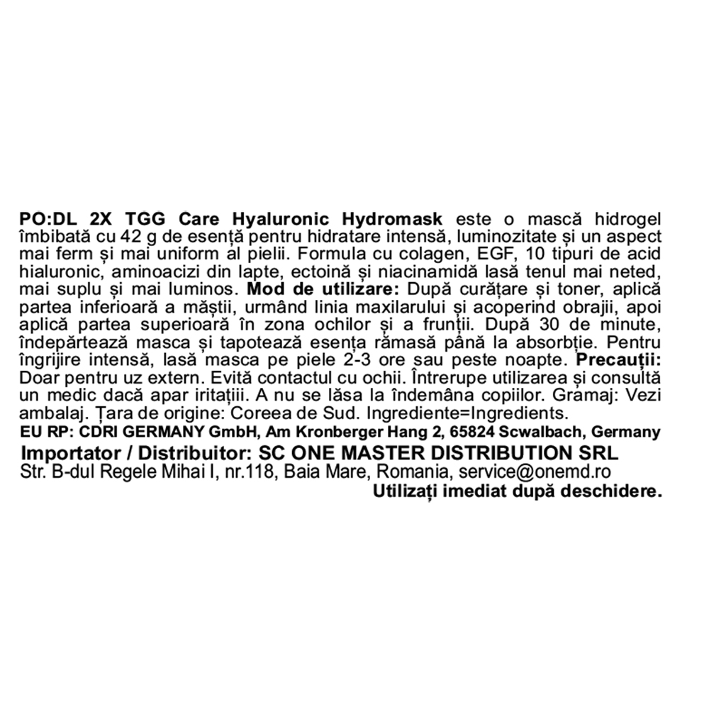 PODL 2X TGG Hyaluronic Hydromask, 42 gr - Masca de fata formulata cu acid hialuronic si niacinamida, care contribuie la hidratarea pielii si la uniformizarea aspectului tenului