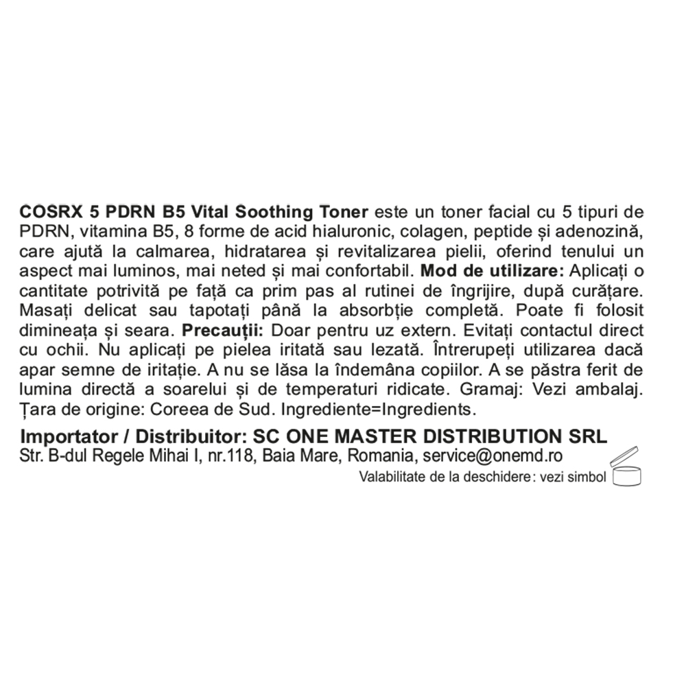 COSRX 5 PDRN B5 Vital Soothing Toner, 280 ml - toner de fata formulat cu vitamina B5 si acid hialuronic, care contribuie la calmarea pielii dupa curatare si la mentinerea barierei naturale a pielii
