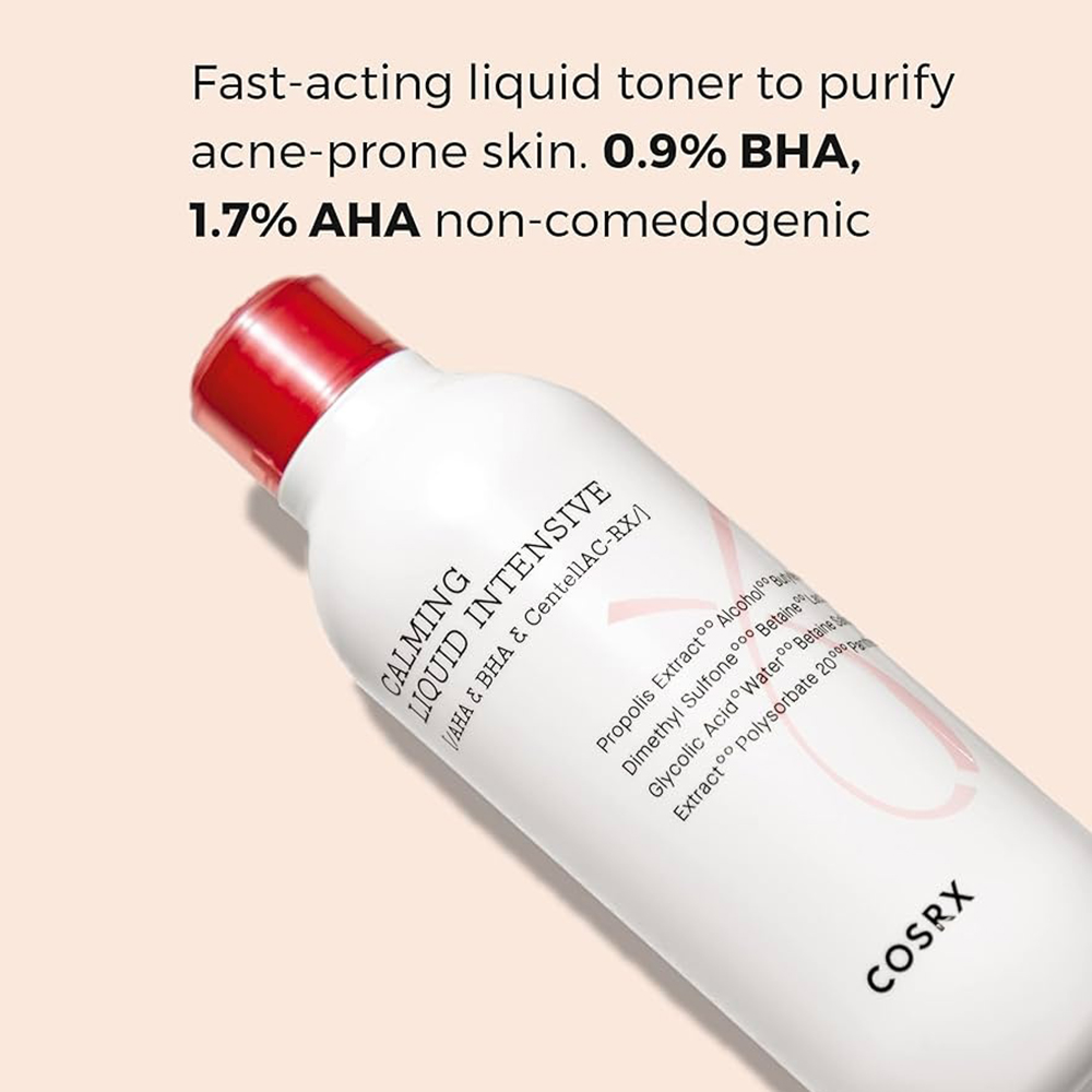 COSRX AC Collection Calming Liquid Intensive, 125 ml - toner de fata formulat cu extract de propolis si Zinc PCA, care contribuie la reducerea riscului de infectie si la metinerea echilibrului de umiditate al pielii toata ziua si la reimprospatarea si purifierea pielii acneice
