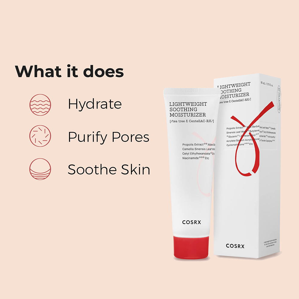 COSRX AC Collection Lightweight Soothing Moisturizer 80 ml - crema de fata formulata cu Centella Asiatica si COSRX CentellAC-RX, care contribuie la calmarea pielii foarte sensibile la caldura, racorirea pielii predispuse la acnee si la mentinerea pielii echilibrate fara sa se simta grasa