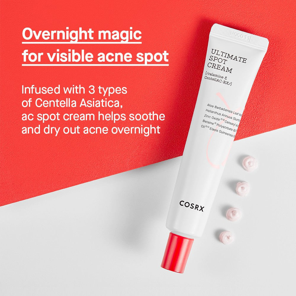 COSRX AC Collection Ultimate Spot, 30 gr - crema de fata formulata cu oxid de zinc si calamina, care contribuie la uscarea acneei vizibile peste noapte si la mentinerea echilibrului natural al pH-ului pielii