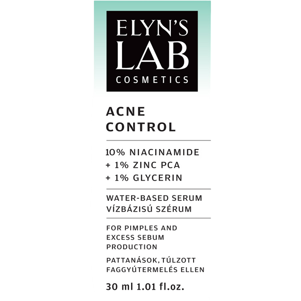 ELYN'S LAB Acne Control 10% Niacinamide +1% Zinc - ser de fata formulat cu niacinamida si Zinc PCA, care contribuie la reglarea productiei de sebum a pielii si la metinerea stratului protector natural al pielii - 30 ml