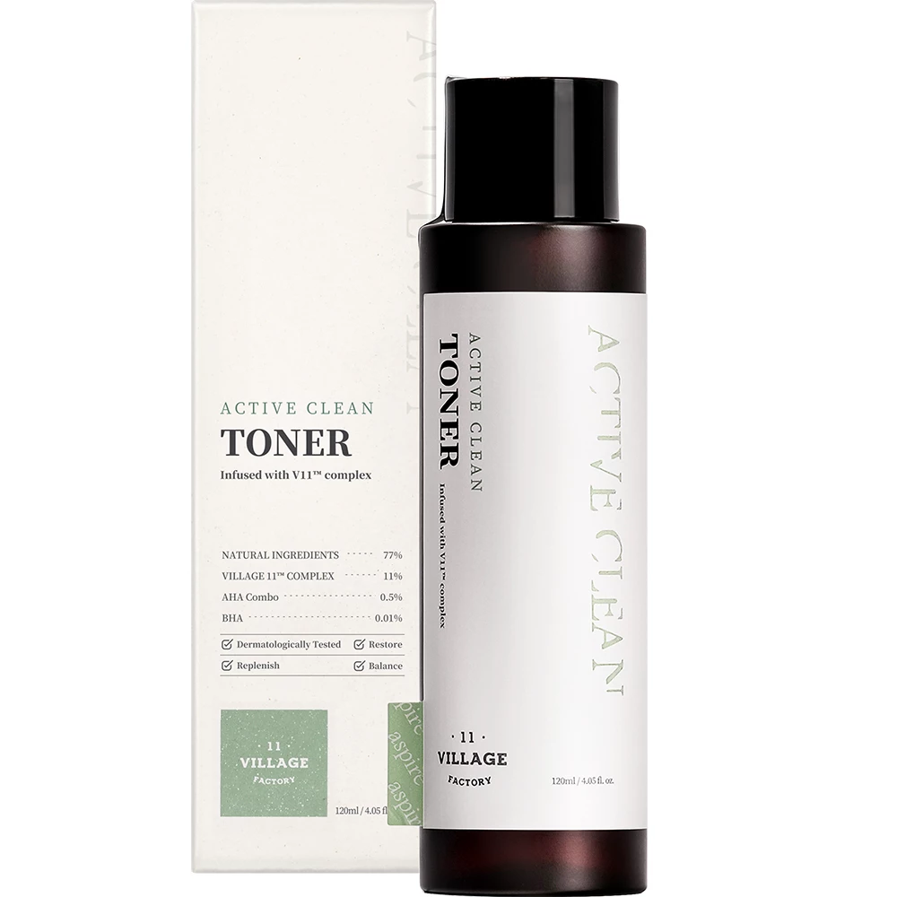 VILLAGE 11 FACTORY Active Clean Toner Toner antibacterian pentru fata - Hidratare si exfoliere delicata, 120 ml