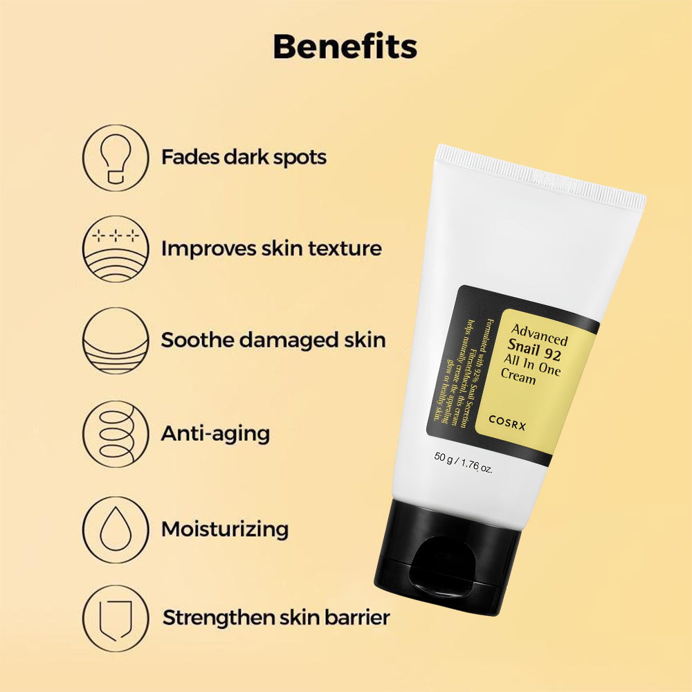 COSRX Advanced Snail 92 All in one Cream Tube, 50 gr - crema de fata formulata cu filtrat de secretie de melc (mucina) 92% si acid hialuronic, care contribuie la hidratarea intensa a pielii si la metinerea nivelului optim de apa in piele