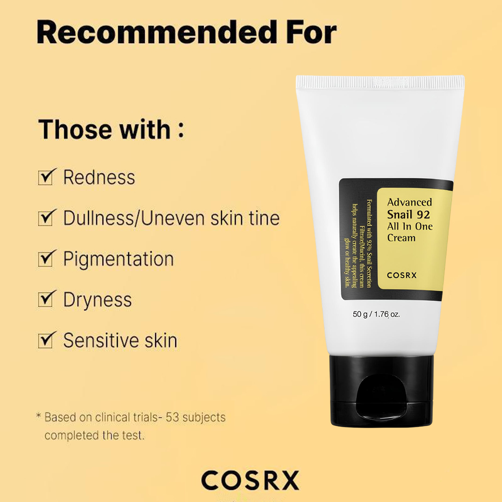 COSRX Advanced Snail 92 All in one Cream Tube, 50 gr - crema de fata formulata cu filtrat de secretie de melc (mucina) 92% si acid hialuronic, care contribuie la hidratarea intensa a pielii si la metinerea nivelului optim de apa in piele
