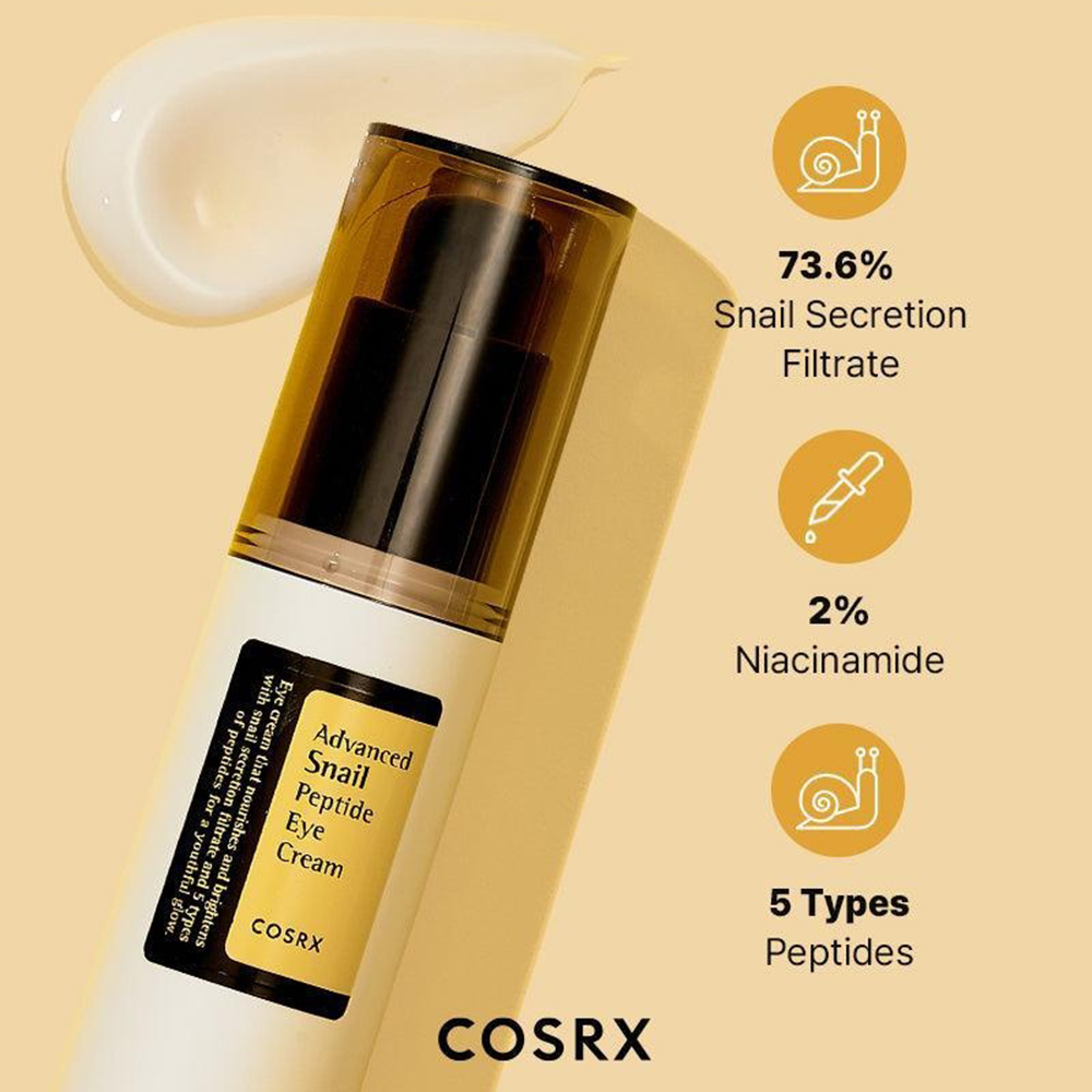 COSRX Advanced Snail Peptide, 25 ml - crema contur ochi formulata cu filtrat secretie melc si niacinamida, care contribuie la diminuarea aspectului cearcanelor si al umflaturilor