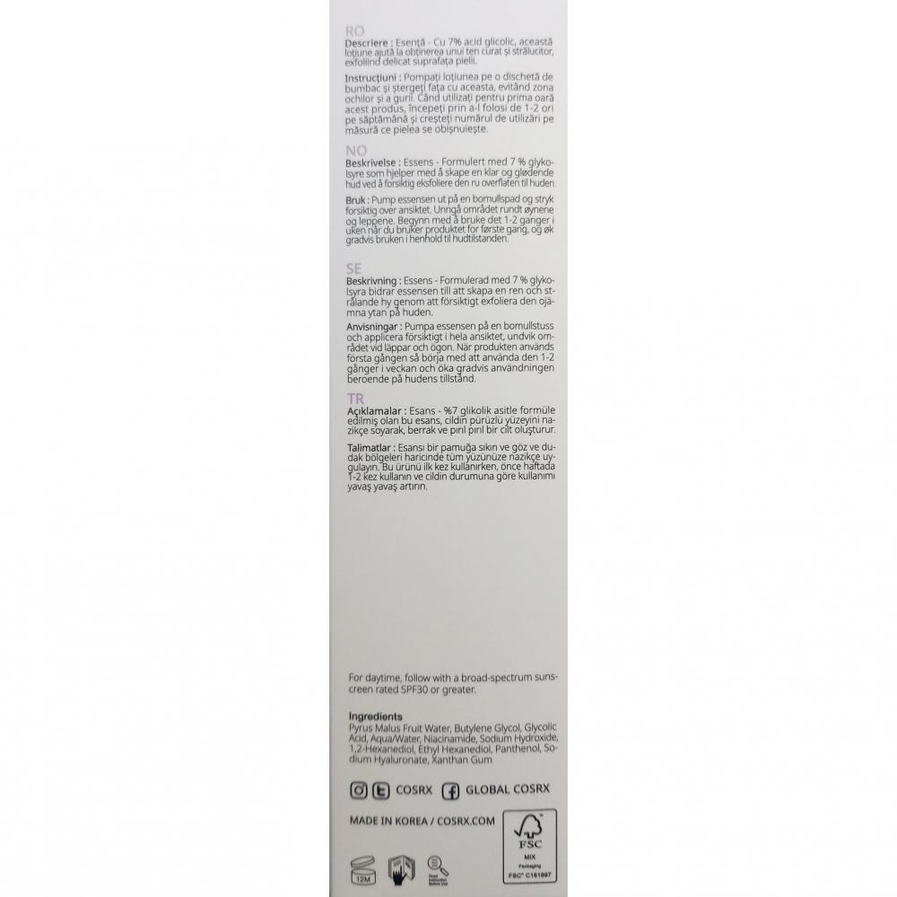 COSRX AHA 7 Whitehead Power Liquid, 100 ml - exfoliant formulat cu acid glicolic si apa de mere, care contribuie la imbunatatirea tonusului si texturii pielii si la minimizarea aparitiei punctelor albe si a rugozitatii