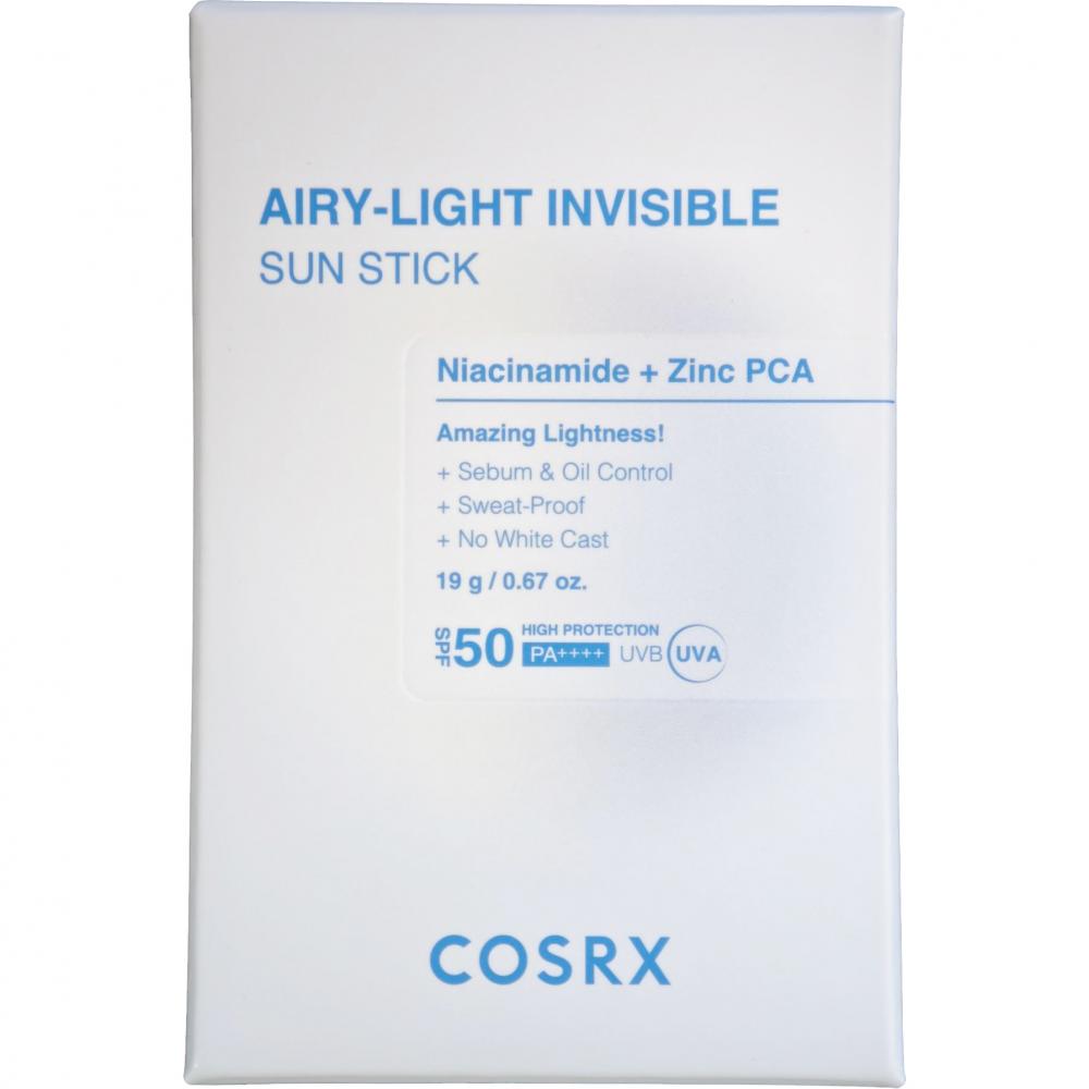 COSRX Airy-Light Invisible Sun Stick SPF50 PA++++, 19 gr - stick pentru fata formulat cu niacinamida si Zinc PCA, care contribuie la controlul sebumului si la mentinerea confortului pielii