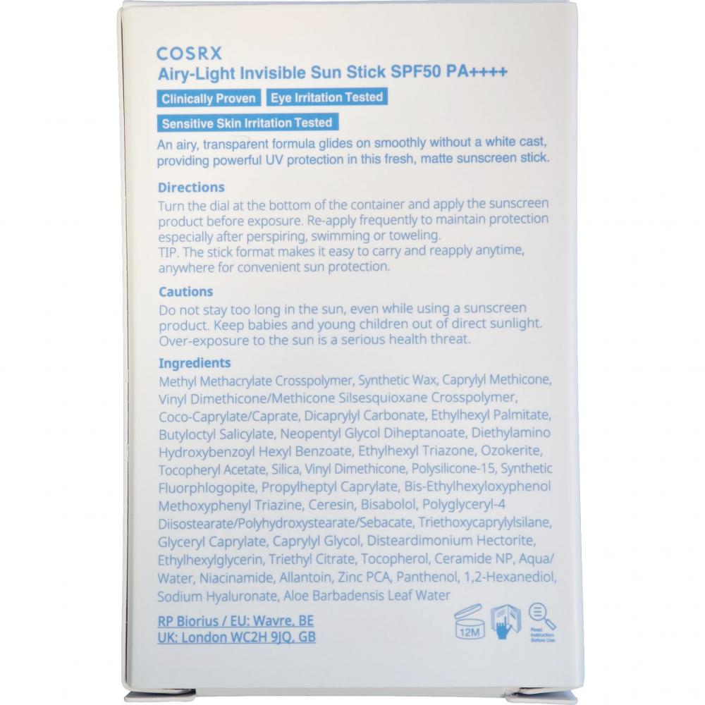 COSRX Airy-Light Invisible Sun Stick SPF50 PA++++, 19 gr - stick pentru fata formulat cu niacinamida si Zinc PCA, care contribuie la controlul sebumului si la mentinerea confortului pielii