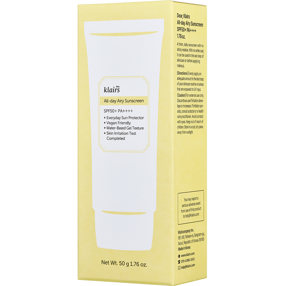 Dear Klairs All-day Airy Crema de fata SPF 50 - Protectie UV si Hidratare Usoara pentru Ten Sensibil, 50 ml
