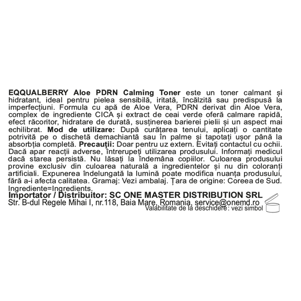 EQQUALBERRY Aloe PDRN Calming Toner, 150 ml - toner de fata formulat cu Aloe Vera si extract de ceai verde, care contribuie la calmarea pielii sensibile si la mentinerea confortului cutanat