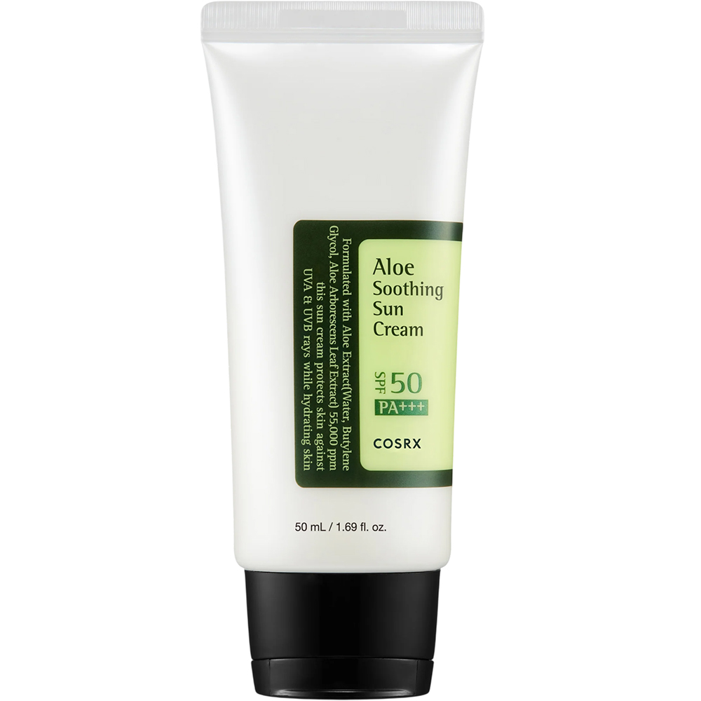 COSRX Aloe Soothing Sun Cream SPF50, 50 ml - Crema de fata formulata cu extract de frunze de Aloe Arborescens, care contribuie la protectia UV UVA si UVB si la mentinerea confortului cutanat