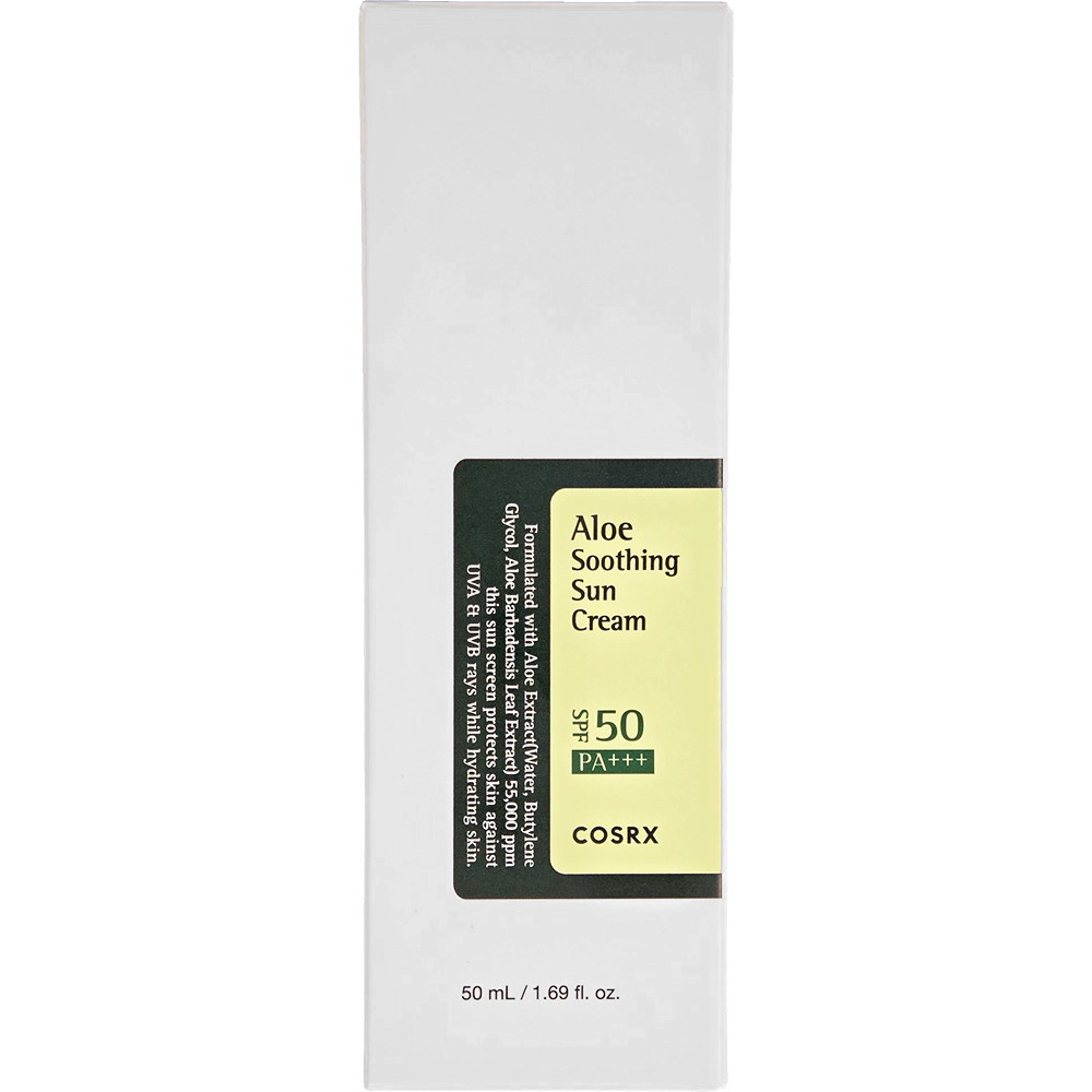 COSRX Aloe Soothing Sun Cream SPF50, 50 ml - Crema de fata formulata cu extract de frunze de Aloe Arborescens, care contribuie la protectia UV UVA si UVB si la mentinerea confortului cutanat