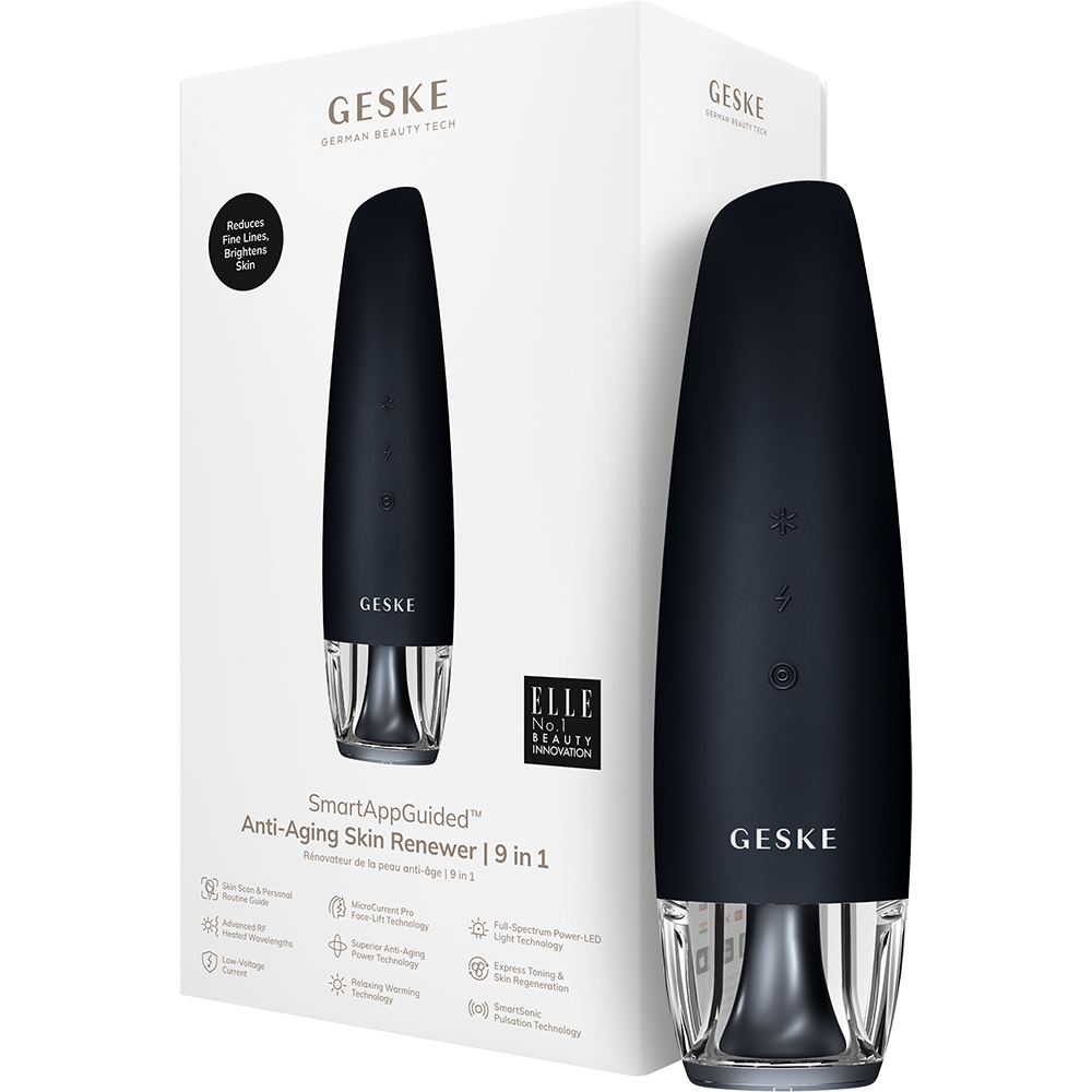 GESKE Anti-Aging Skin Renewer 9 in 1 - Aparat multifunctional 9 in 1 cu microcurent, lumina LED si tehnologie RF, pentru tonifiere rapida, regenerarea pielii si efect anti-aging avansat - Black