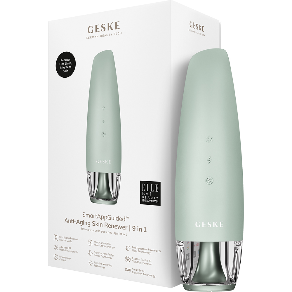 GESKE Anti-Aging Skin Renewer 9 in 1 - Aparat multifunctional 9 in 1 cu microcurent, lumina LED si tehnologie RF, pentru tonifiere rapida, regenerarea pielii si efect anti-aging avansat - Green