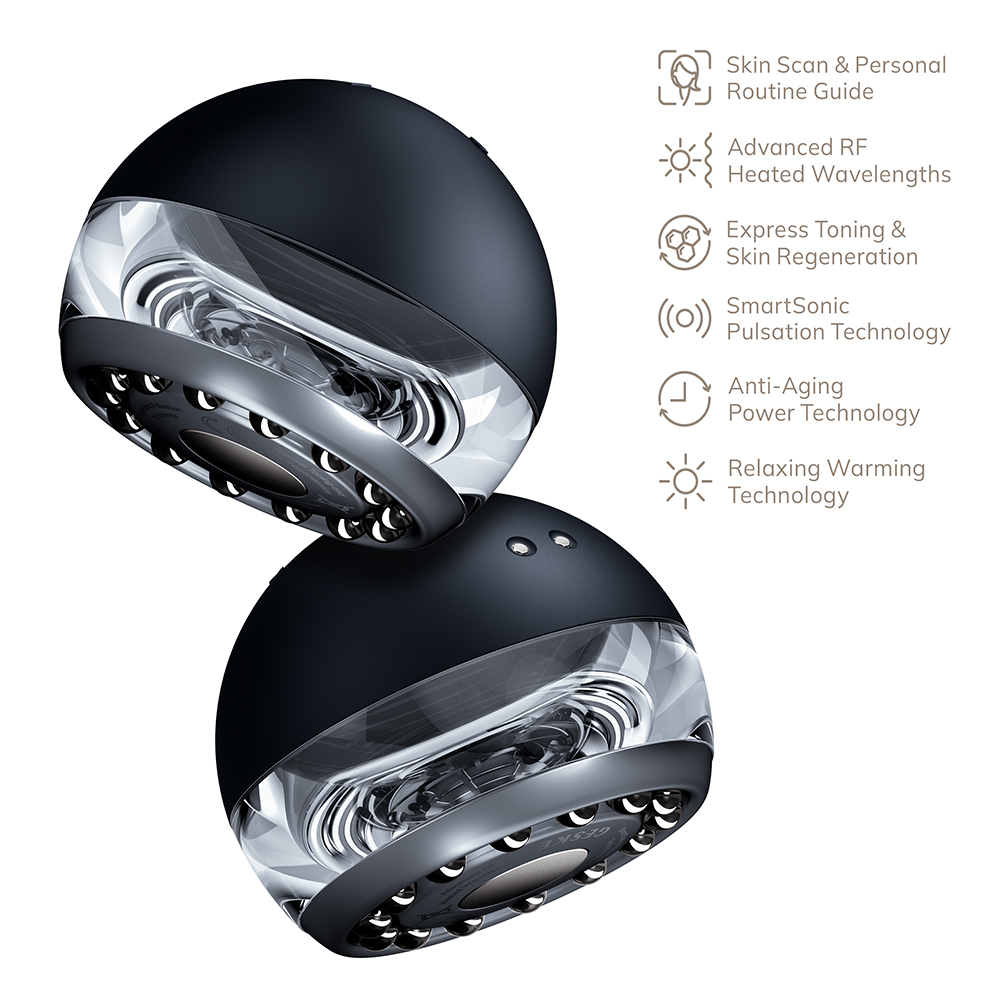 GESKE Anti-Aging Skin Tightener 6 in 1 - Dispozitiv multifunctional 6 in 1 cu tehnologie RF, caldura controlata si pulsatii sonice pentru fermitatea pielii fetei si a corpului  - Black