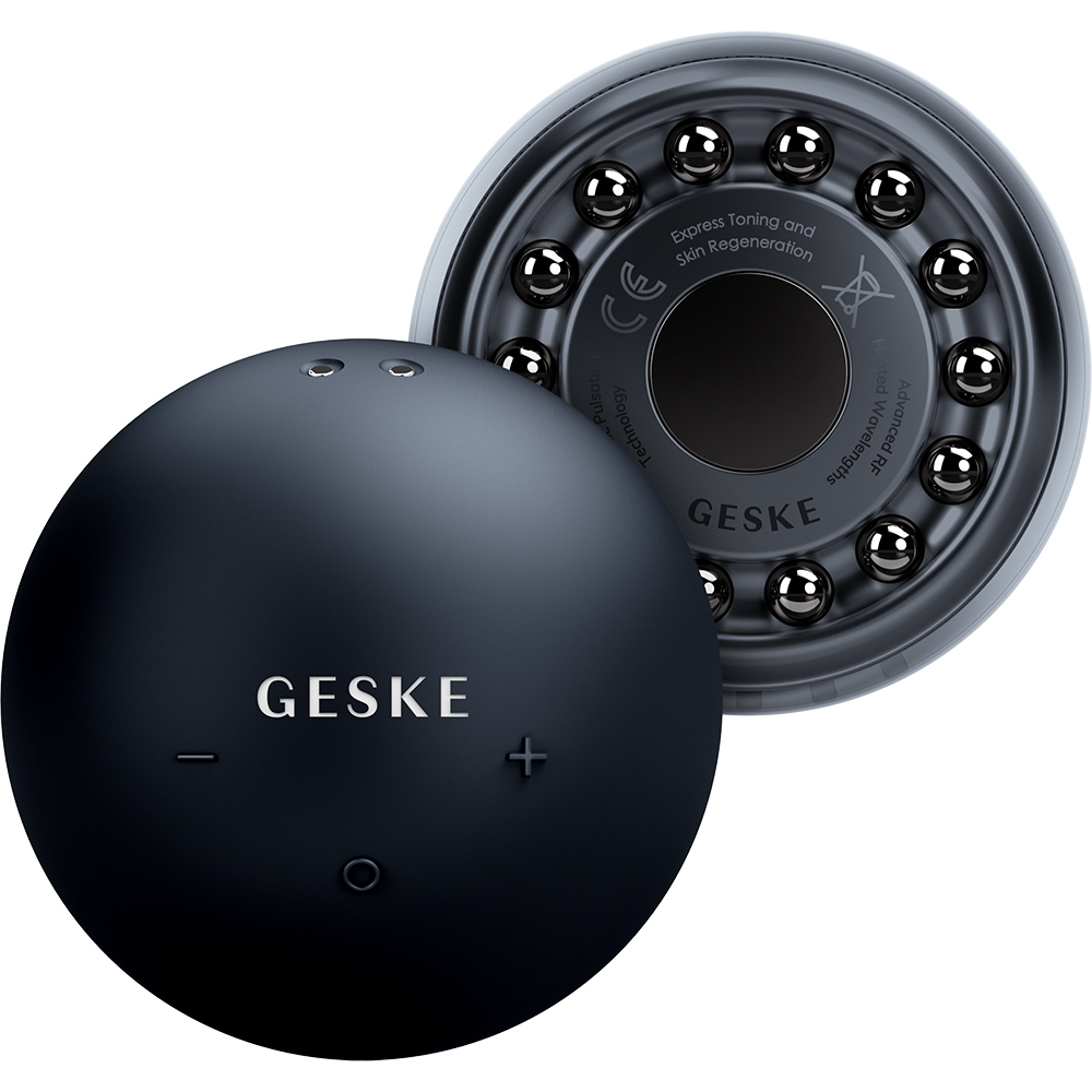GESKE Anti-Aging Skin Tightener 6 in 1 - Dispozitiv multifunctional 6 in 1 cu tehnologie RF, caldura controlata si pulsatii sonice pentru fermitatea pielii fetei si a corpului  - Black