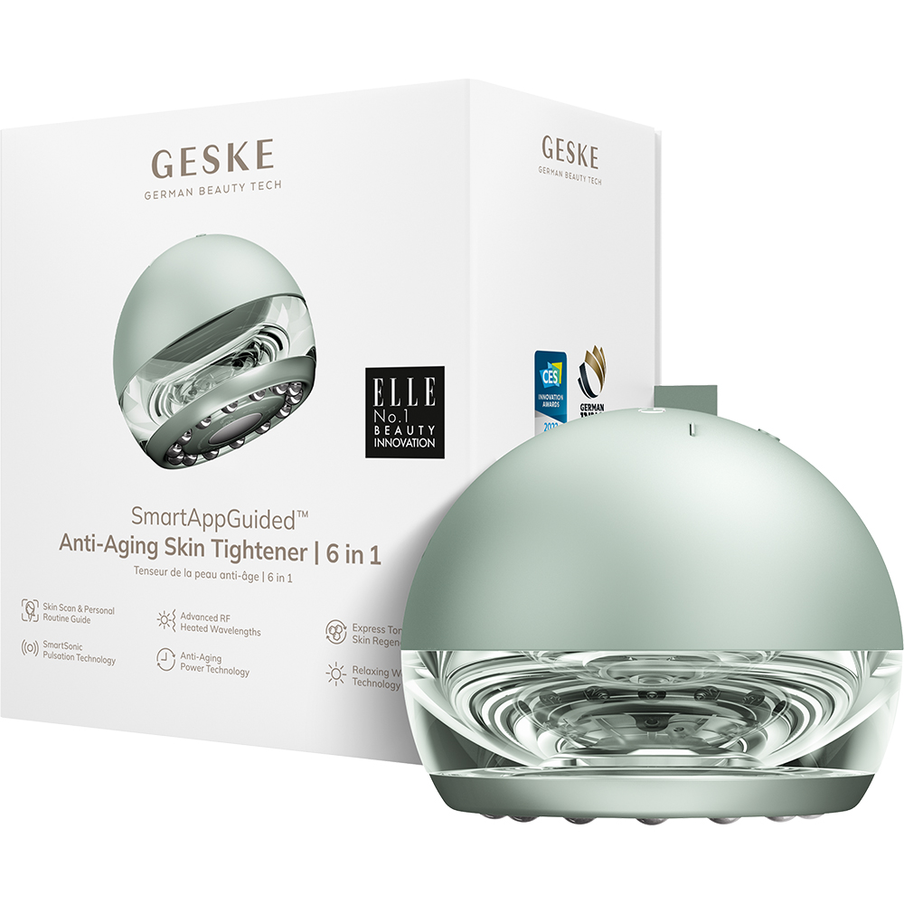 GESKE Anti-Aging Skin Tightener 6 in 1 - Dispozitiv multifunctional 6 in 1 cu tehnologie RF, caldura controlata si pulsatii sonice pentru fermitatea pielii fetei si a corpului - Green