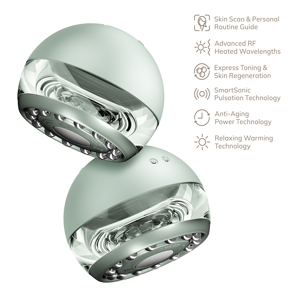 GESKE Anti-Aging Skin Tightener 6 in 1 - Dispozitiv multifunctional 6 in 1 cu tehnologie RF, caldura controlata si pulsatii sonice pentru fermitatea pielii fetei si a corpului - Green