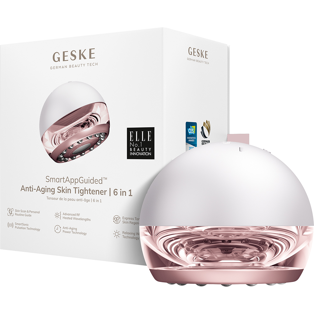 GESKE Anti-Aging Skin Tightener 6 in 1 - Dispozitiv multifunctional 6 in 1 cu tehnologie RF, caldura controlata si pulsatii sonice pentru fermitatea pielii fetei si a corpului - Starlight