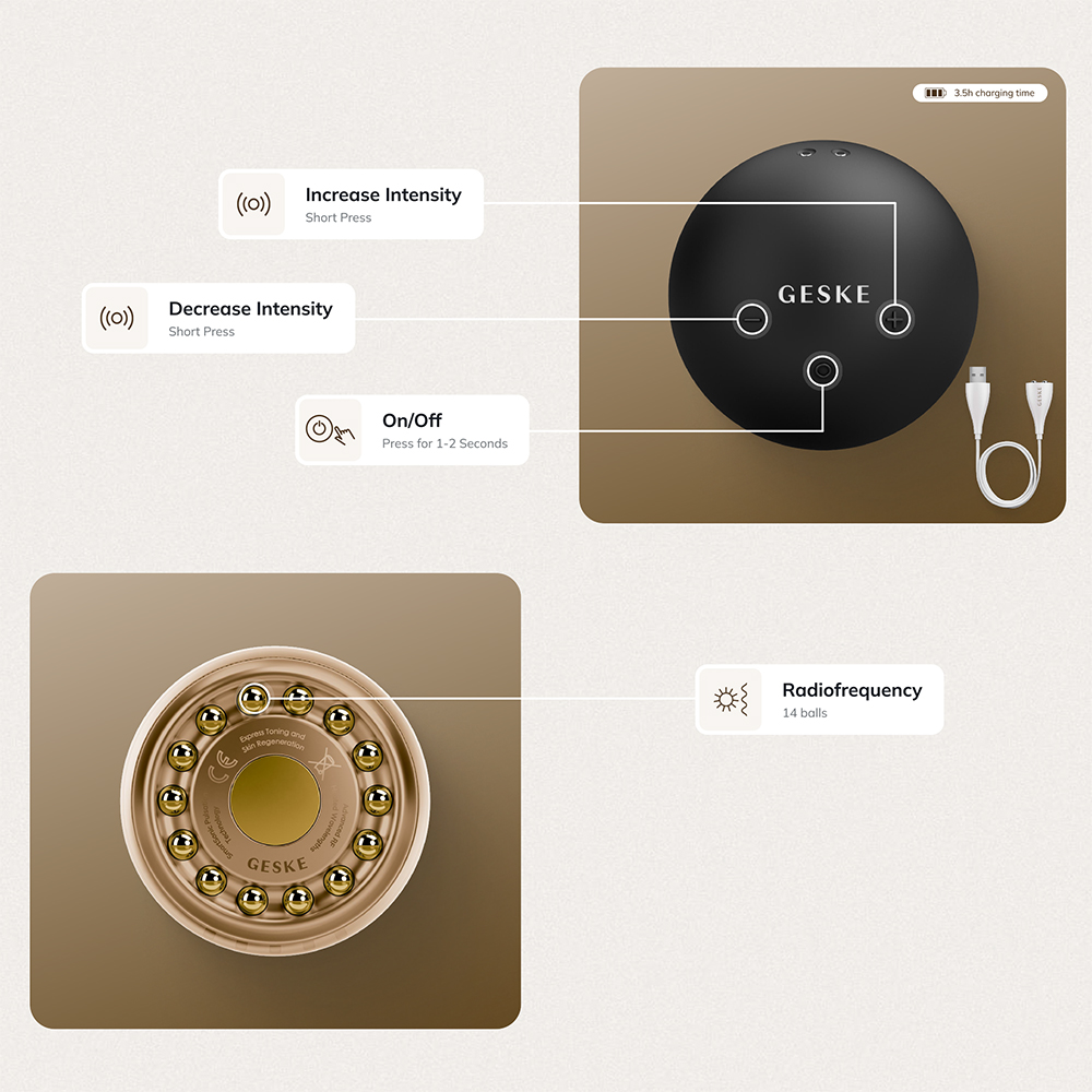 GESKE Anti-Aging Skin Tightener 6 in 1 - Dispozitiv multifunctional 6 in 1 cu tehnologie RF, caldura controlata si pulsatii sonice pentru fermitatea pielii fetei si a corpului - Starlight