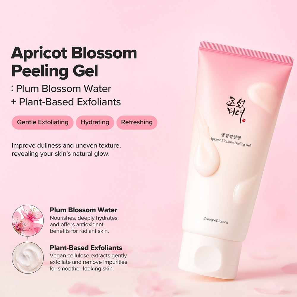 BEAUTY OF JOSEON Apricot Blossom - exfoliant formulat cu apa din flori de Prunus Mume si celuloza de origine vegetala, care contribuie la exfolierea usoara a celulelor moarte si la ameliorarea problemelor pielii cauzate de textura aspra si de excesul de sebum - 100 ml