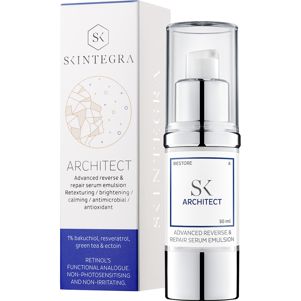 SKINTEGRA Architect, 30 ml - ser de fata formulat cu bakuchiol si ectoina, care contribuie la ingrijirea pielii predispuse la imperfectiuni si cu leziuni UV vizibile (cum ar fi hiperpigmentarile) si la mentinerea confortului cutanat